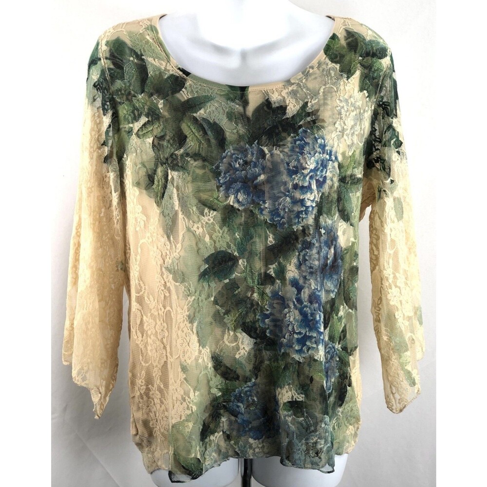 Vintage Top L Tan Blue Lace 3/4 Angel Sleeve Boho Fairy Y2K hippie Coquette